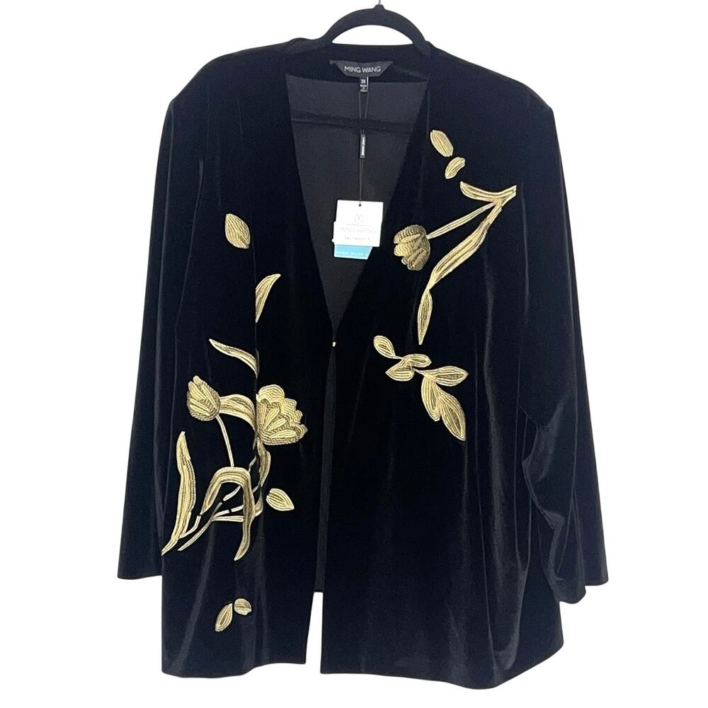 Ming Wang Jacket Plus Size 3X Black Velvet Gold Floral Embroidered Velour NWT